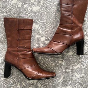 Spring Cognac Brown Leather Square Toe Boots side zipper Size 39